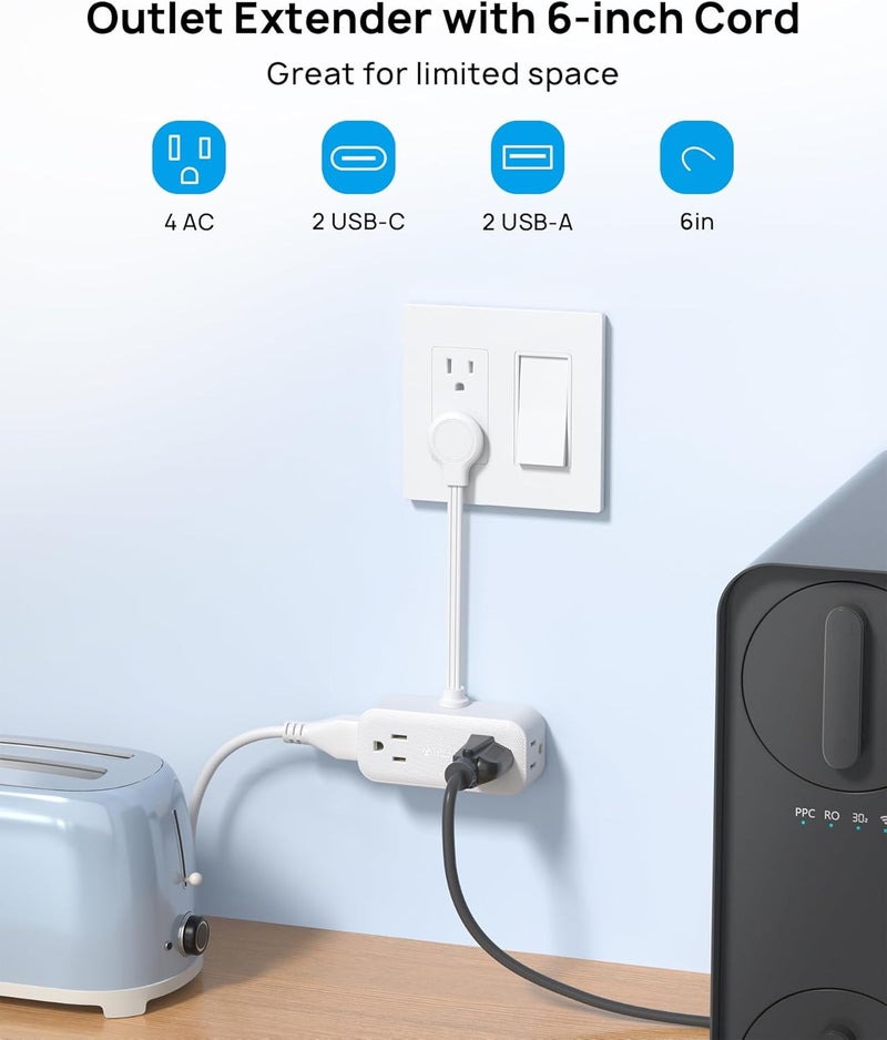 TROND Outlet Extender with 6 Inch Cord, Flat Plug Adapter with 4 Electrical Sockets and 4 USB Ports, Wall Mountable, Multi Plug Wall Outlet for Home Office Travel Dorm, Cruise Ship Essentials, White - Image 3